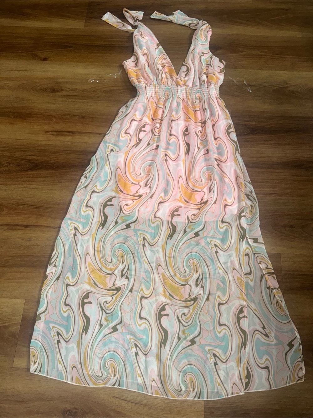 Liberty Love Pink Swirls V-neck Chiffon Trapeze Maxi Dress Size XL